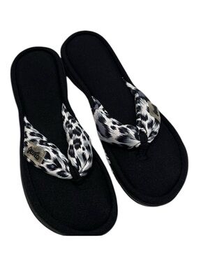 Lazee Dogs Sz6 Womens Black Flip Flops w/Black & White Leopard Print Strap EUC